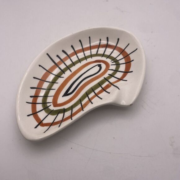 Pair MCM Ceramic Atomic Boomerang Ashtrays Trinket Trays Hand Painted Numbered - Picture 7 of 10
